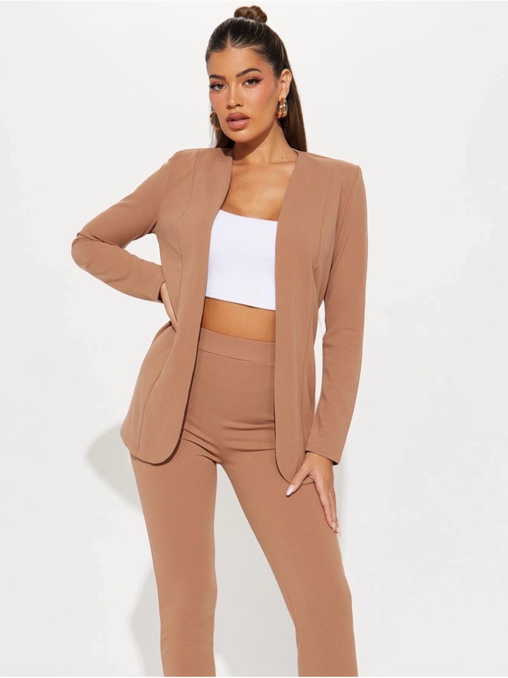 Tailored High-Waist Ponte Pants and Blazer Set - Tan